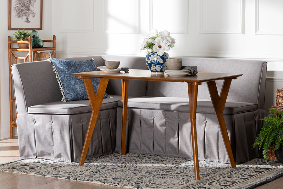 193271507962 Reginald Fabric Upholstered Dining Nook Set for Small Spaces, Gray & Walnut Brown - 3 Piece