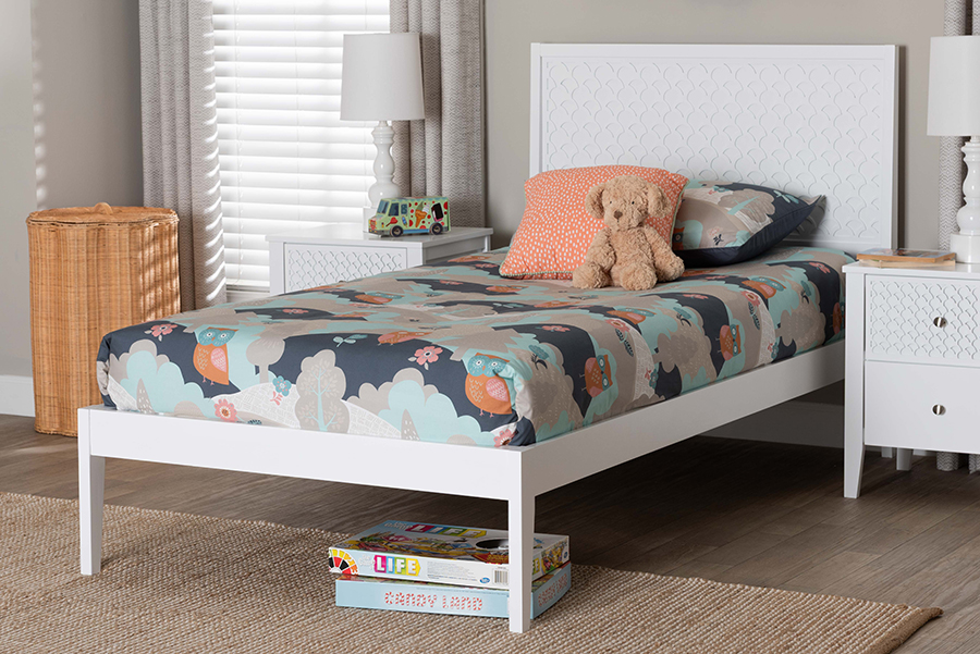 193271497591 Lara Twin Platform Bed - Modern Wood Bed Frame with Laser-Cut Decorative Headboard Overlay, White