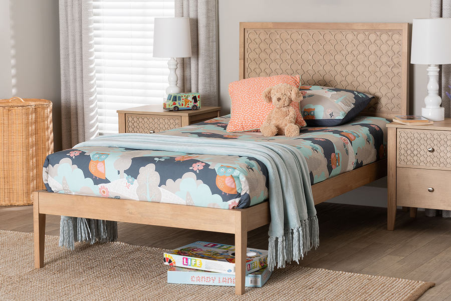 193271497607 Lara Twin Platform Bed - Modern Wood Bed Frame with Laser-Cut Decorative Headboard Overlay, Oak Brown