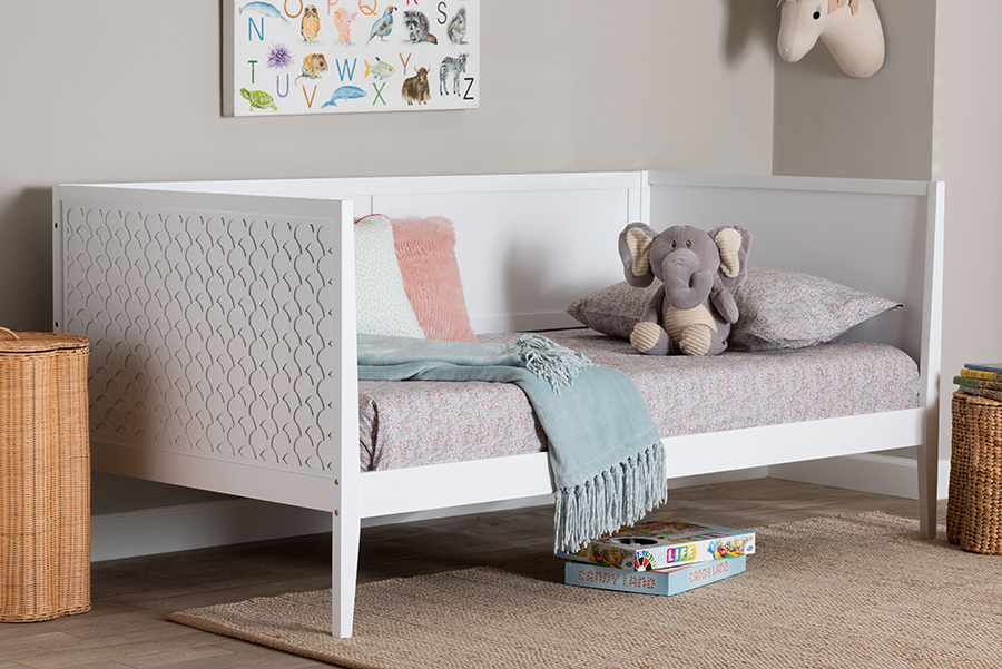193271497614 Lara Twin Daybed - Modern Wood Bed Frame with Wraparound Laser-Cut Decorative Headboard Overlay, White