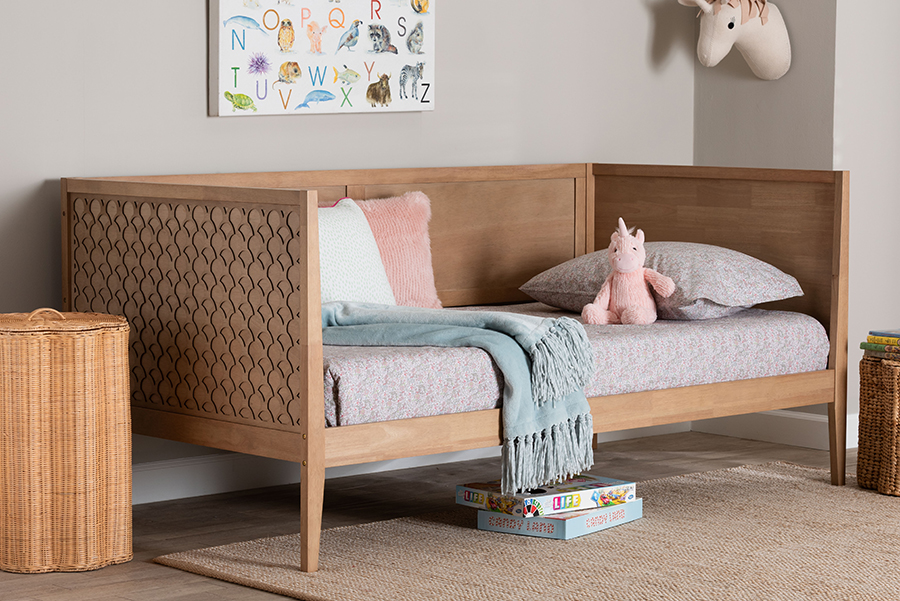193271497621 Lara Twin Daybed - Modern Wood Bed Frame with Wraparound Laser-Cut Decorative Headboard Overlay, Oak Brown
