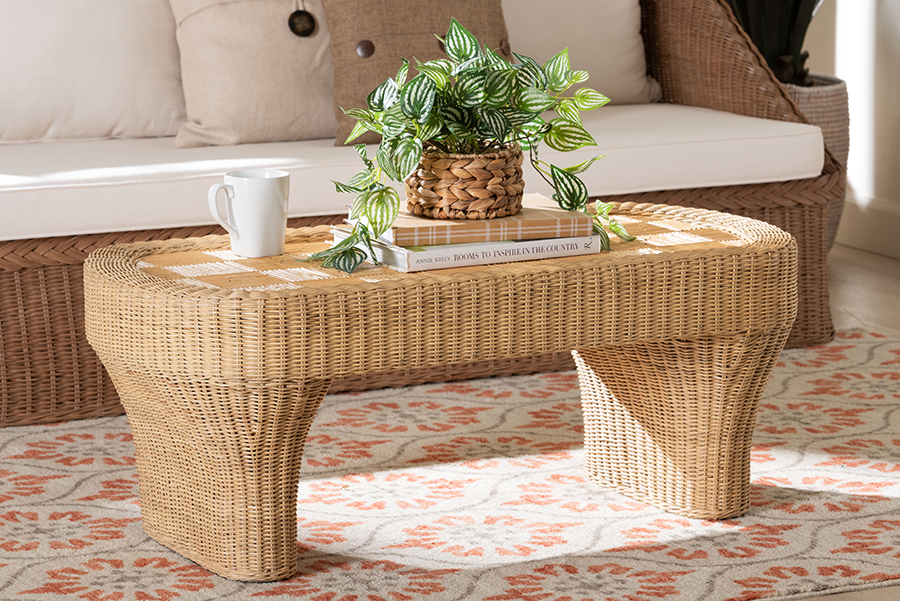 193271509126 Canika Natural Rattan Coffee Table - Handwoven Wicker Accent Table with Checkered Tabletop & Waterfall Base for Living Room or Sunroom