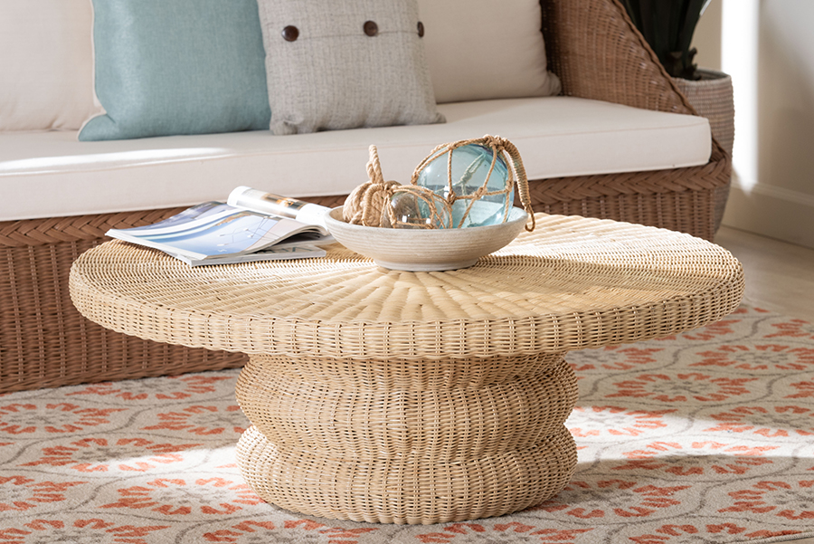 193271509133 Silvia Natural Rattan Coffee Table - Handwoven Wicker Accent Cocktail Table with Pedestal Base for Living Room or Sunroom