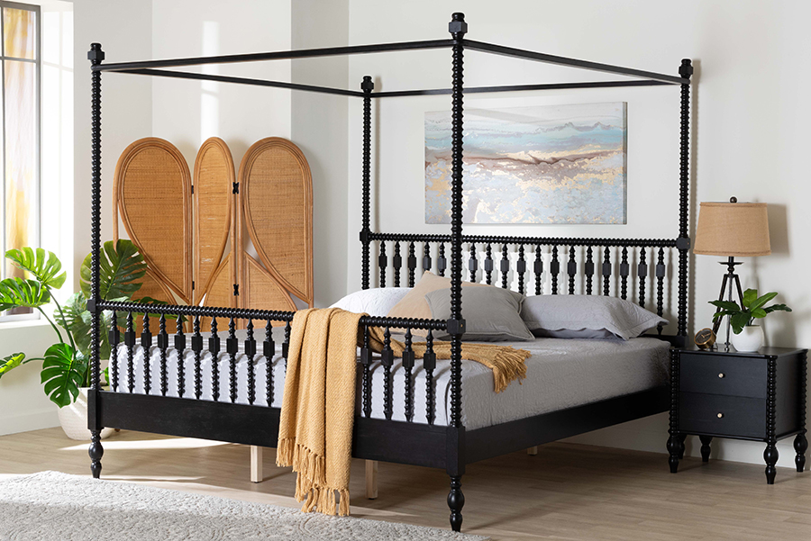 193271513581 Callison Spindle Canopy Bed - Turned Farmhouse Bed Frame with Spoked Headboard & Sculpted Legs, Black, King
