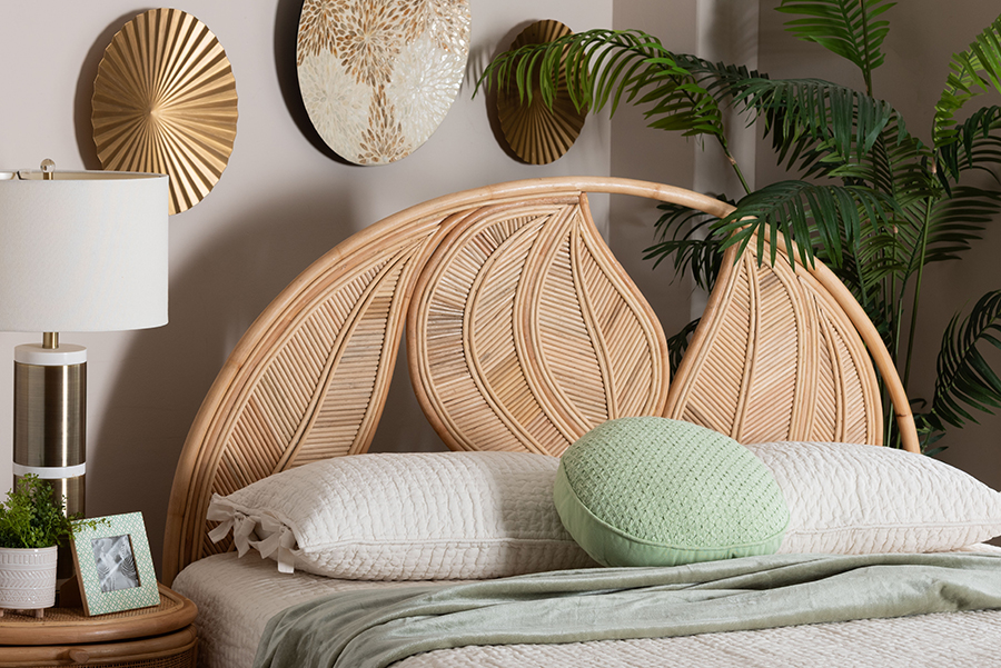 193271517909 Lifen Natural Rattan Standalone Headboard - Handcrafted Panel Headboard with Leaf Motif, Queen Size