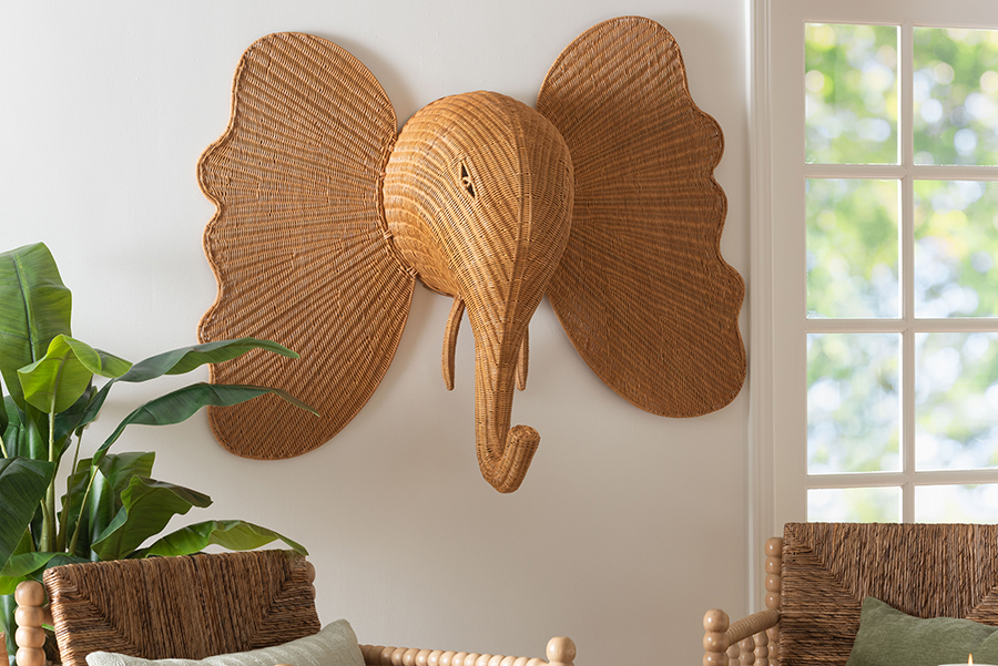 193271517817 Elissa Elephant Head Natural Rattan Wall Decor, Light Honey