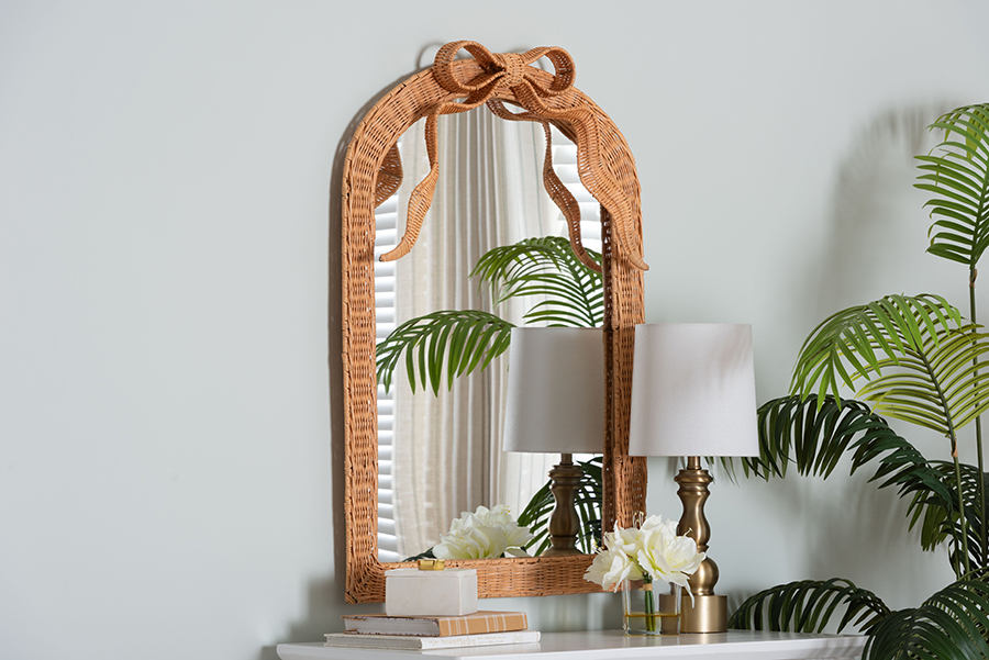 193271524648 Arch Creusa Natural Rattan Accent Mirror with Bow, Light Honey