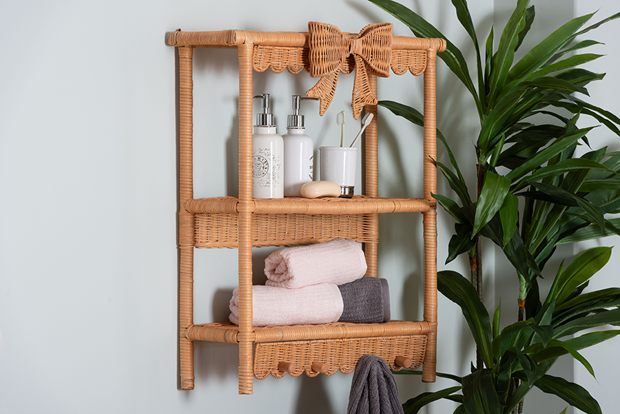 193271525812 Creusa Natural Rattan 2-Tier Wall Shelf with Bow, Light Honey