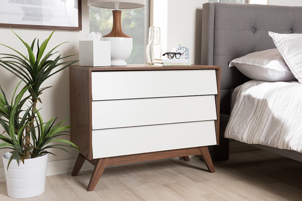 Hildon 3DW-Walnut-White-Chest Hildon Mid-Century Modern White & Walnut Wood 3-Drawer Storage Chest -  Baxton Studio, 842507103446