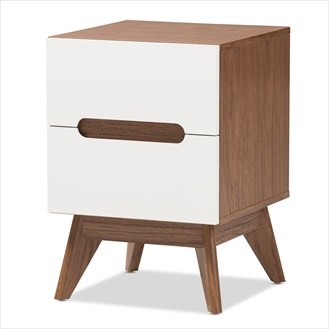 Calypso-Walnut-White-NS Calypso Mid-Century Modern White & Walnut Wood 2-Drawer Storage Nightstand