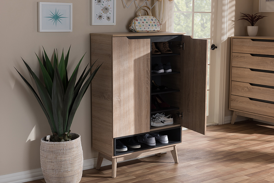 Picture of Baxton Studio FLSC00813-Hana Oak&Dark Grey-Shoe Cabinet Fella Mid-Century Modern Two-Tone Oak & Grey Wood Shoe Cabinet