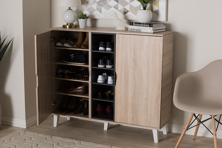 Picture of Baxton Studio SESC16105-Hana Oak&Dark Grey-Shoe Cabinet Adelina Mid-Century Modern 2-Door Oak & Grey Wood Shoe Cabinet