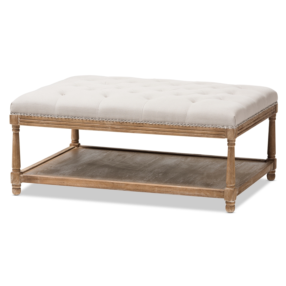 Picture of Wholesale Interiors TSF-9325-Beige-Otto Baxton Studio Carlotta French Country Linen Rectangular Coffee Table Ottoman&#44; Beige & Weathered Oak