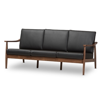 Venza-Black-Walnut Brown-SF 29.53 x 72.05 x 33.07 in. Venza Mid Century Modern Wood Faux Leather 3-Seater Sofa, Black & Walnut Brown -  Baxton Studio, 842507106287