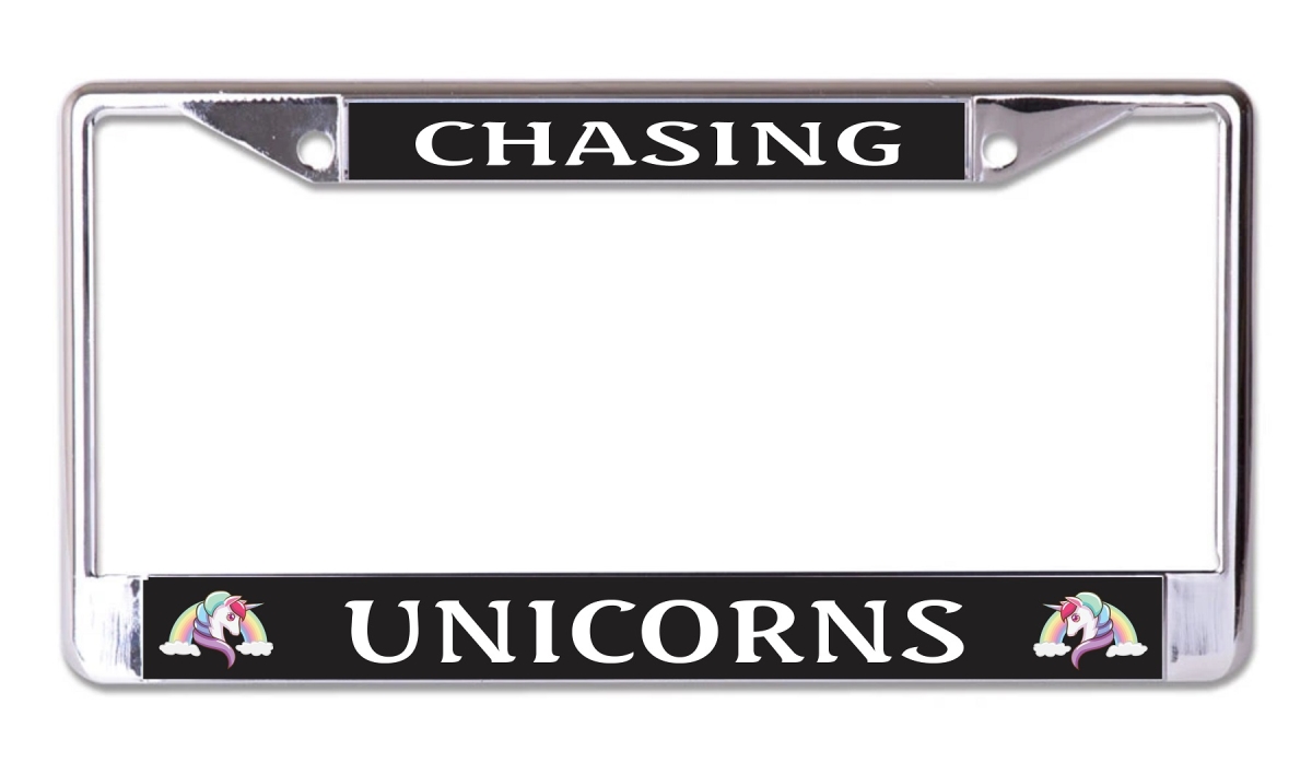 LPO8011 6 x 12 in. Chasing Unicorns Chrome License Plate Frame