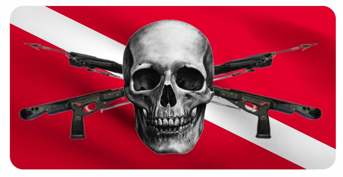Spear Gun License Plate - Skull on Diver Flag - 6 x 12 in - Durable Aluminum