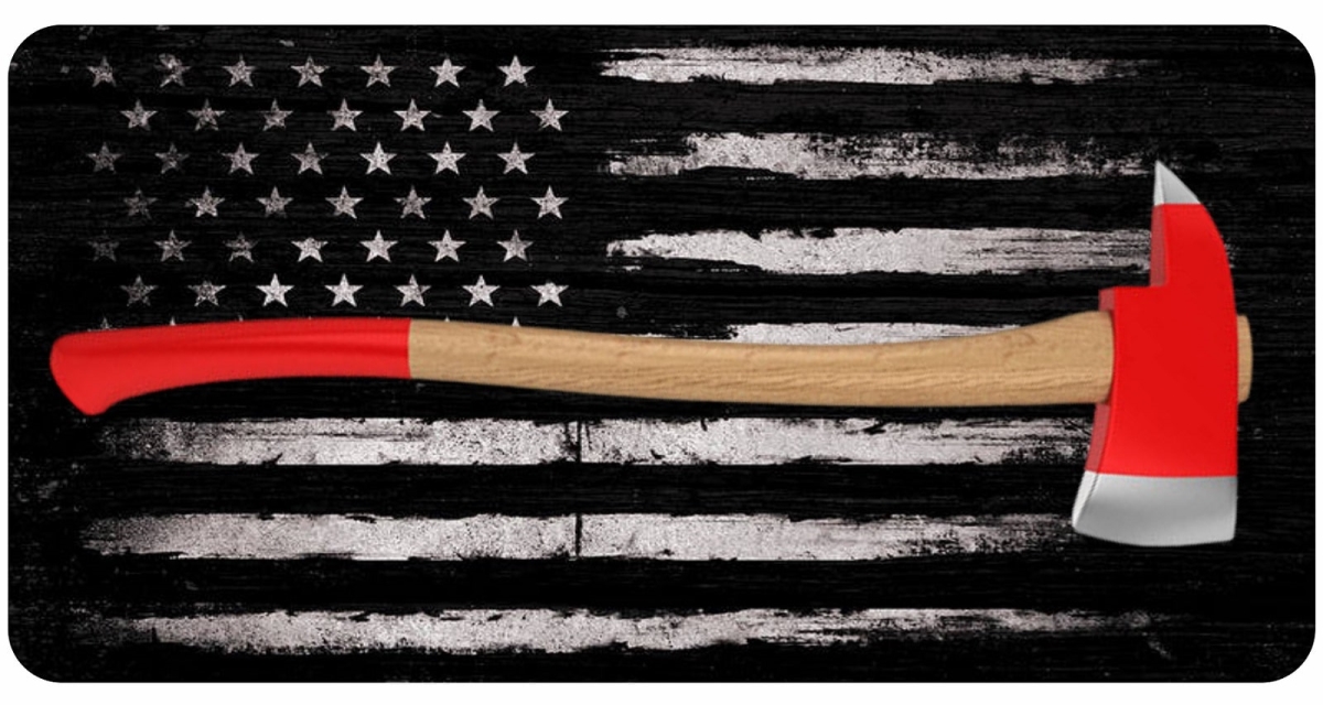 Firefighter Axe License Plate - U.S.A. Flag - 6 x 12 in. - Durable Aluminum