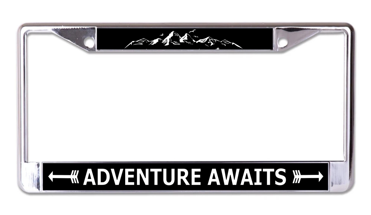 LPO8030 6 x 12 in. Adventure Awaits Black & White Chrome License Plate Frame