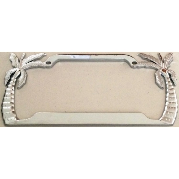 DF100C Palm Trees Chrome License Plate Frame, Free Screw Caps
