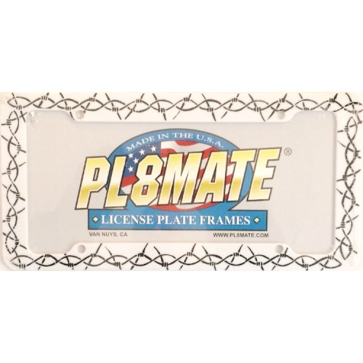 IMG3034 Barb Wire White Plastic License Plate Frame