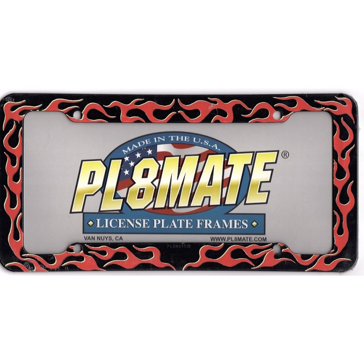IMG3039 Flames on Black Plastic License Plate Frame, Free Screw Caps