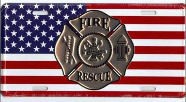MC50142 6 x 12 in. Fire Rescue on US Flag License Plate
