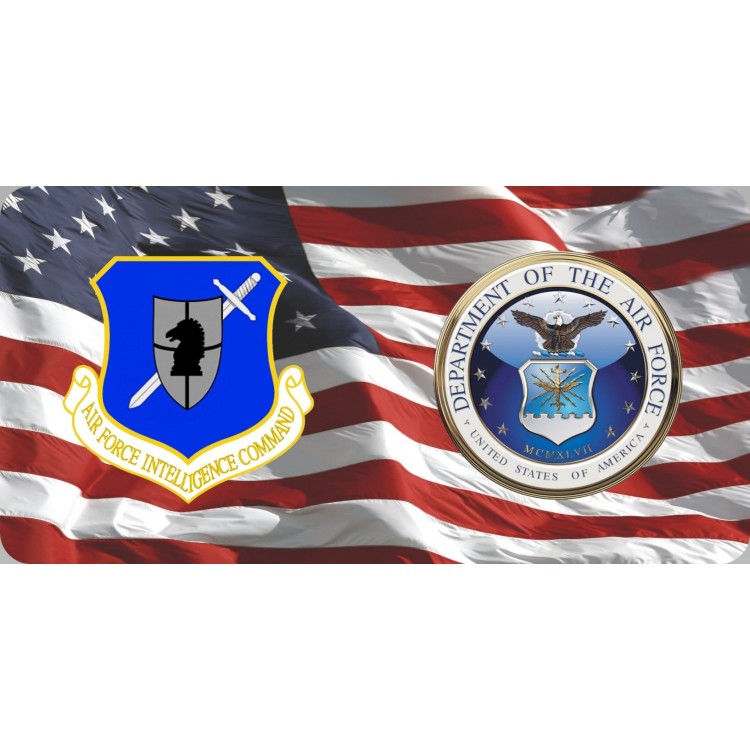 LPO6363 6 x 12 in. Intelligence Command & Air Force on U.S. Flag Photo License Plate