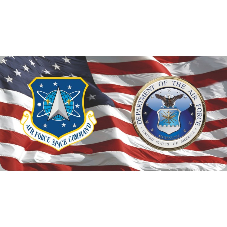 LPO6364 6 x 12 in. Space Command & Air Force on U.S. Flag Photo License Plate