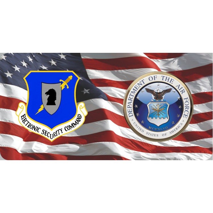 LPO6368 6 x 12 in. Electronic Security Command & Air Force on U.S. Flag Photo License Plate
