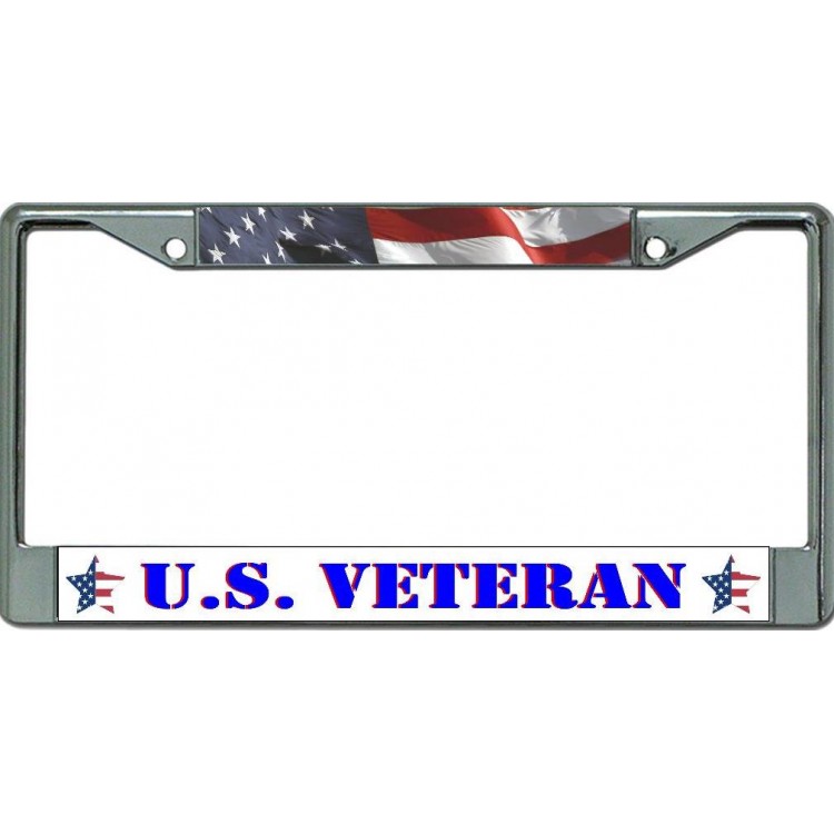 6 x 12 in. U.S. Veteran with Wavy American Flag Chrome License Plate Frame