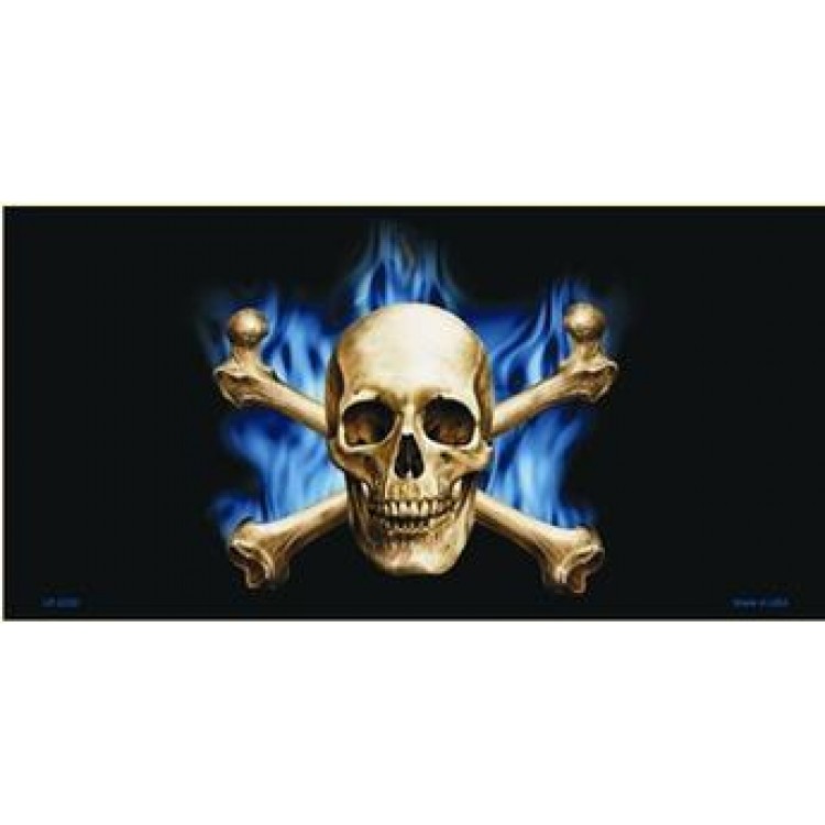 Blue Flame Skull & Crossbones Metal License Plate - 6 x 12 in. - Vibrant Design