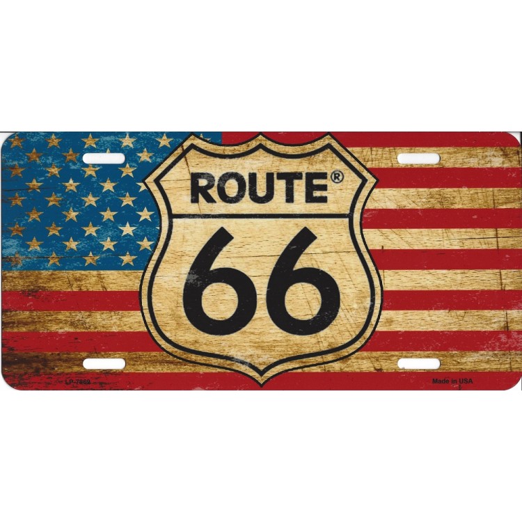 LP-7869 6 x 12 in. Route 66 Distressed American Flag Metal License Plate
