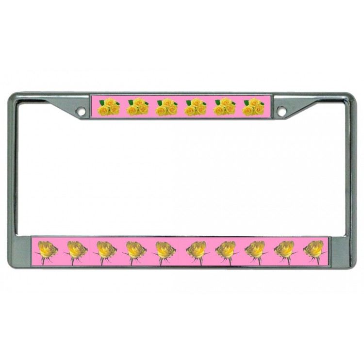 LPO4566 6 x 12 in. Yellow Roses on Pink Chrome License Plate Frame