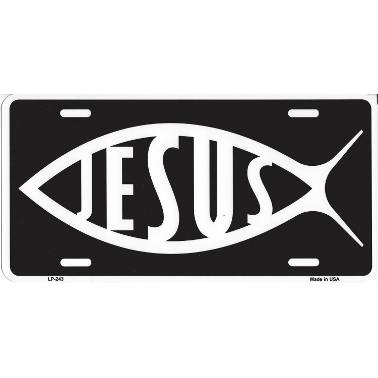 LP-243 6 x 12 in. White Jesus Fish on Black License Plate