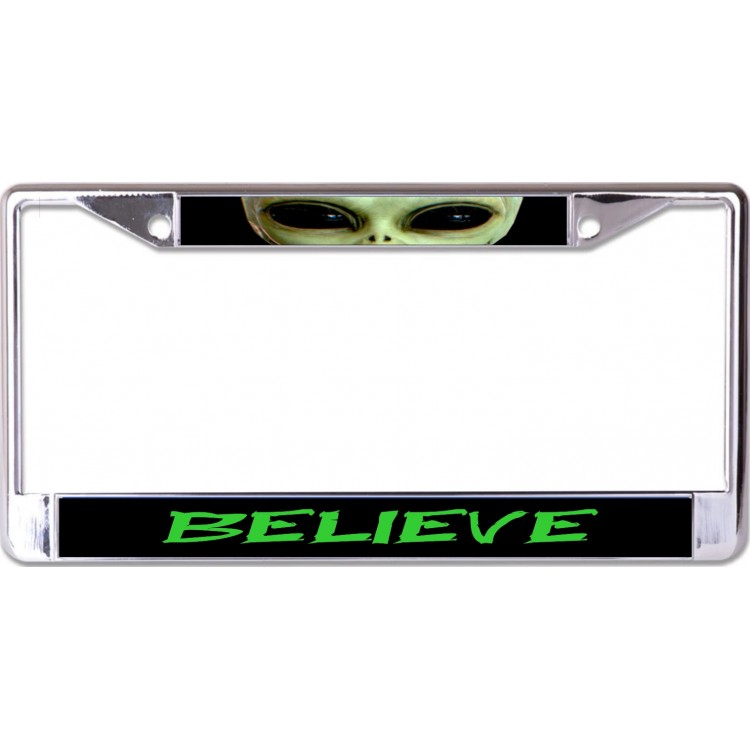 LPO6775 6 x 12 in. Believe Alien Chrome License Plate Frame