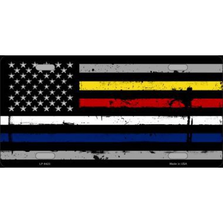 LP-9423 6 x 12 in. American Flag with Police Fire Ems Stripes Metal License Plate