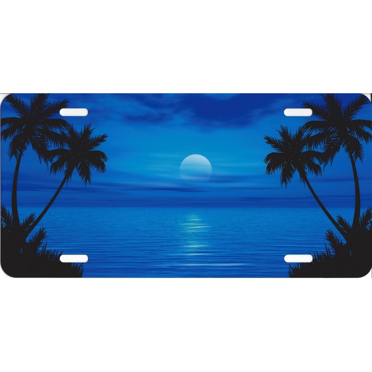 Blue Ocean Scene Palm Moon License Plate - Metal - 6 x 12 in. - Pre-drilled for Easy Mounting