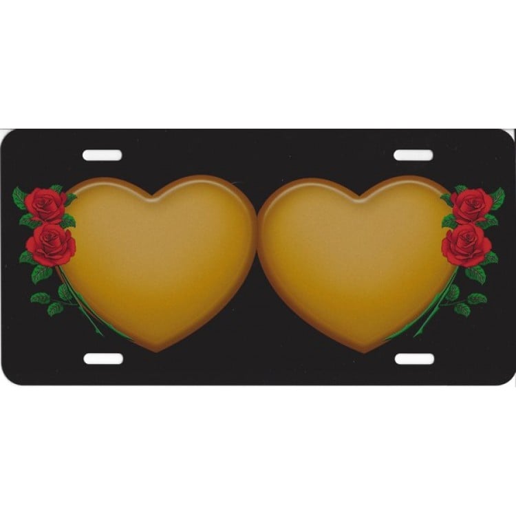 SM547 6 x 12 in. Double Hearts Roses Gold Airbrush License Plate