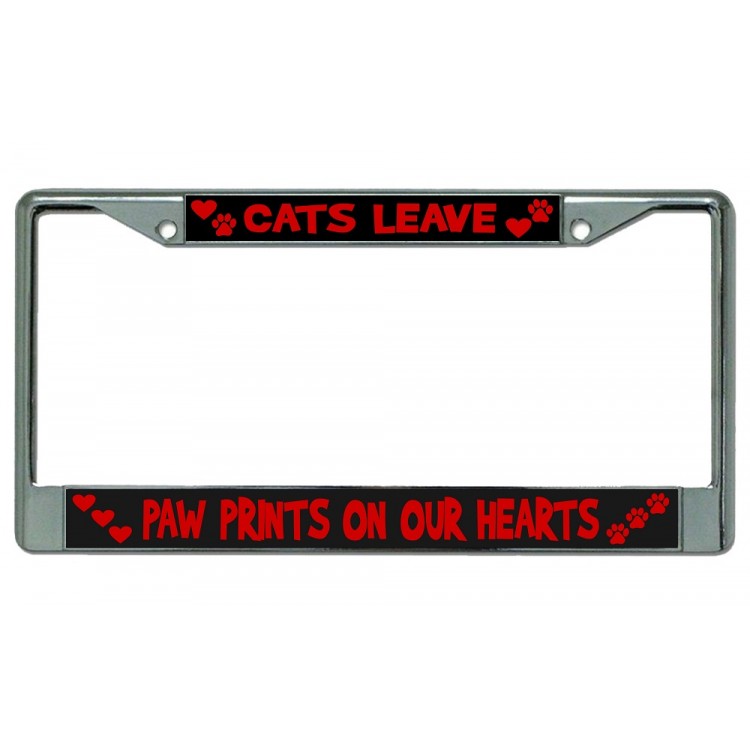 LPO2211 Cats Leave Paw Prints Chrome License Plate Frame, Free Screw Caps