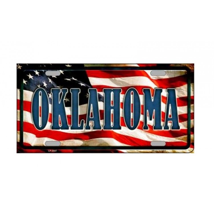 LP-3647-2 Oklahoma on U.S. Flag Metal License Plate