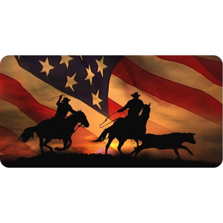 Team Roping American Flag License Plate - Aluminum - 6 x 12 in. - Durable Design