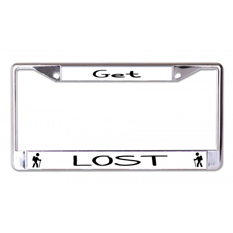 LPO7351 6 x 12 in. Hiking Get Lost Chrome License Plate Frame
