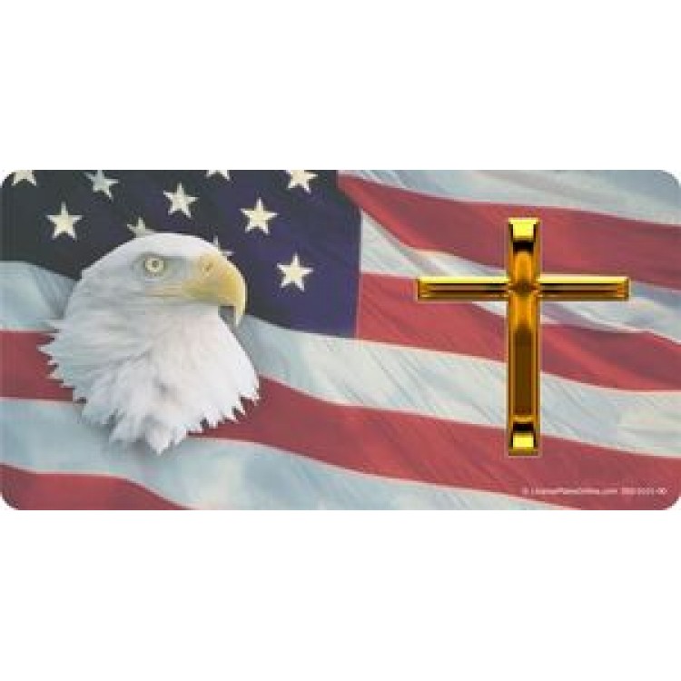 LPO104 6 x 12 in. American Flag with Eagle & Cross License Plate