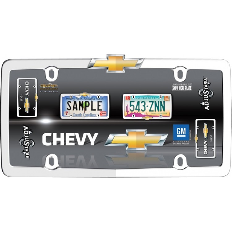 CA10437 6 x 12 in. Chevy Adjustable Logo Chrome License Plate Frame, Free Screw Caps
