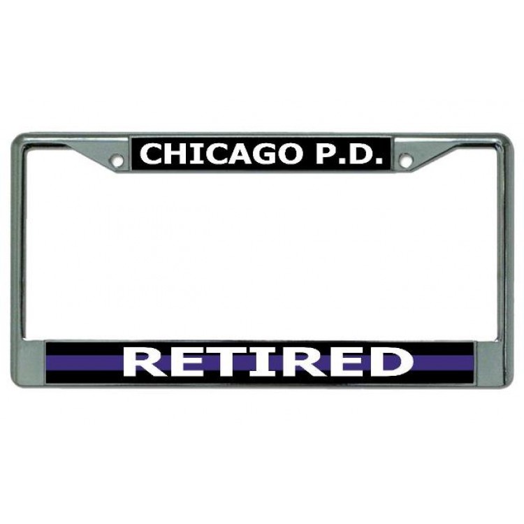 LPO3937 6 x 12 in. Chicago P.D. Thin Blue Line Retired Chrome License Plate Frame