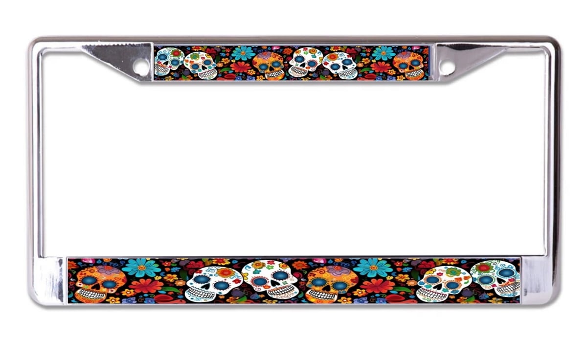 LPO7989 6 x 12 in. Sugar Skulls No. 2 Chrome License Plate Frame