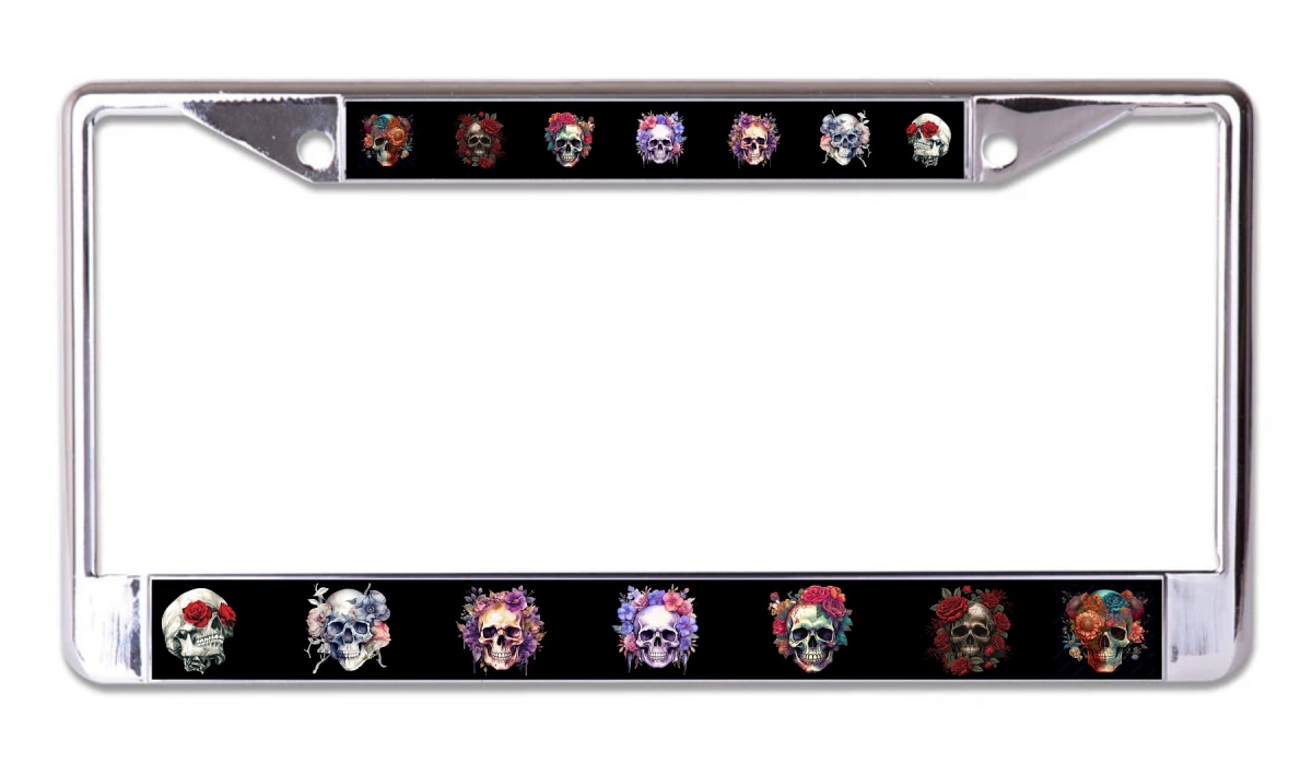 LPO7987 6 x 12 in. Skulls & Flowers Chrome License Plate Frame