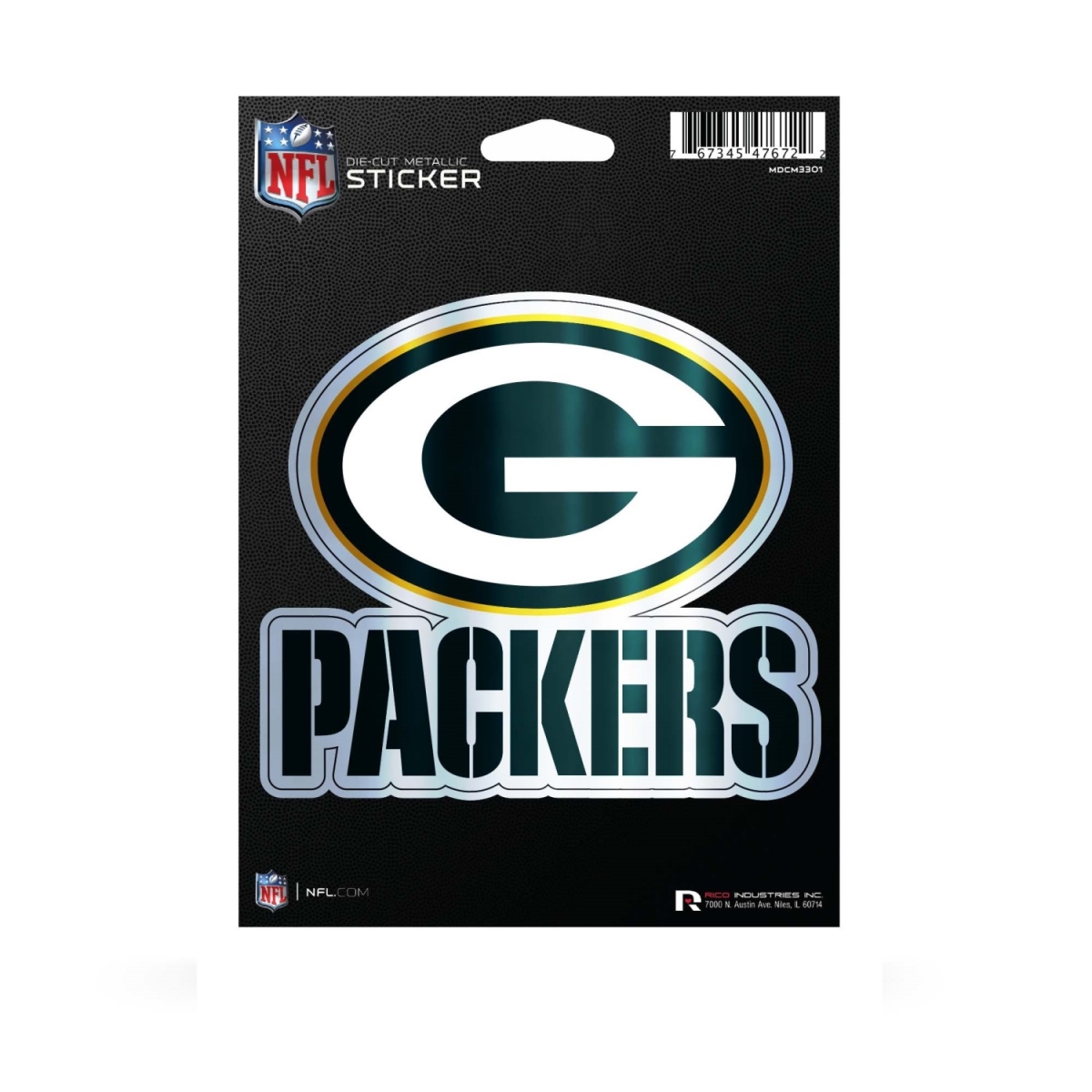 MDCM3301 5 x 6 in. Green Bay Packers Die Cut Metallic Sticker