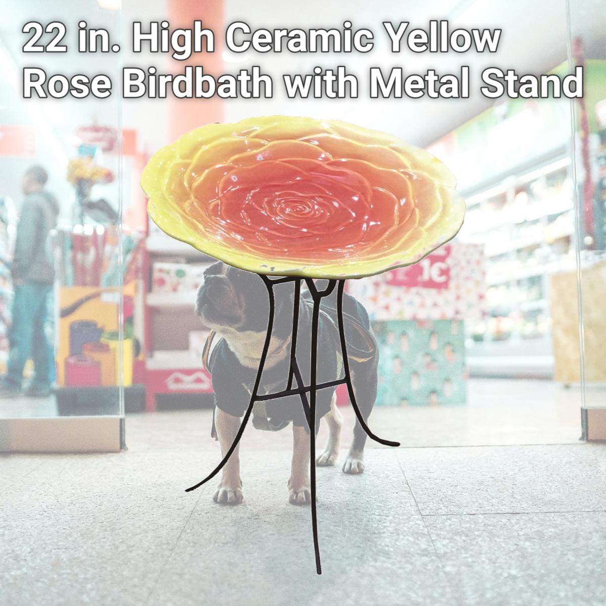 Picture of Harbor Gardens HQ77682357 22 in. High Ceramic Yellow Rose Birdbath with Metal Stand