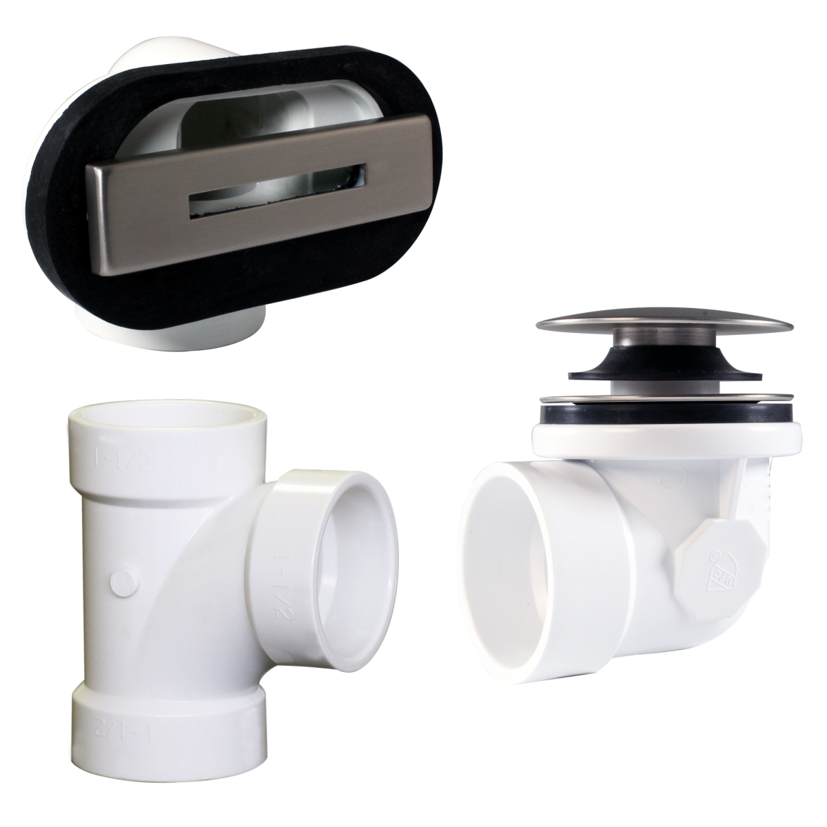 Sch. 40 PVC 1-1/2" Plumber's Pack Tip-Toe Bathtub Drain with Linear Overflow, Satin Nickel